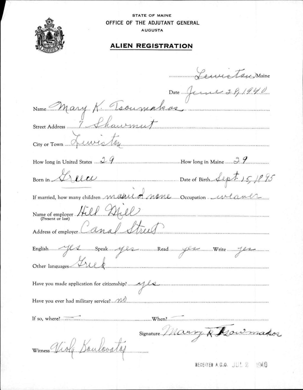 Miniature of Alien Registration- Tsoumakos, Mary K. (Lewiston, Androscoggin County)