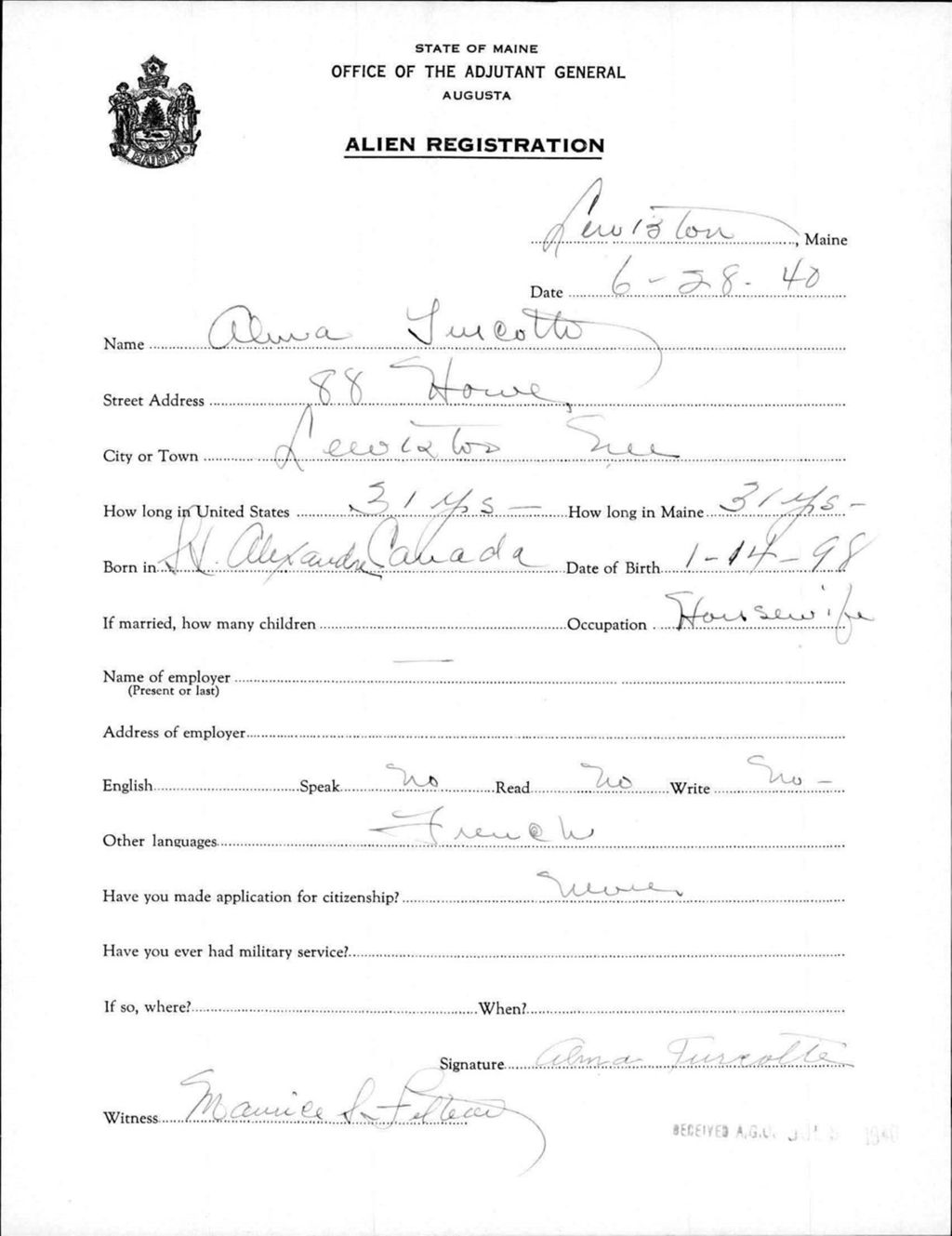 Miniature of Alien Registration- Turcotte, Alma (Lewiston, Androscoggin County)