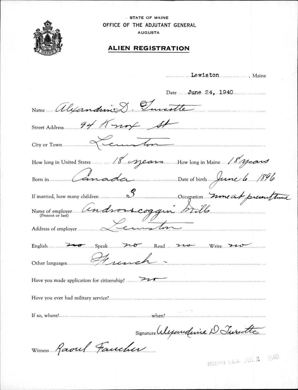 Miniature of Alien Registration- Turcotte, Alexander D. (Lewiston, Androscoggin County)
