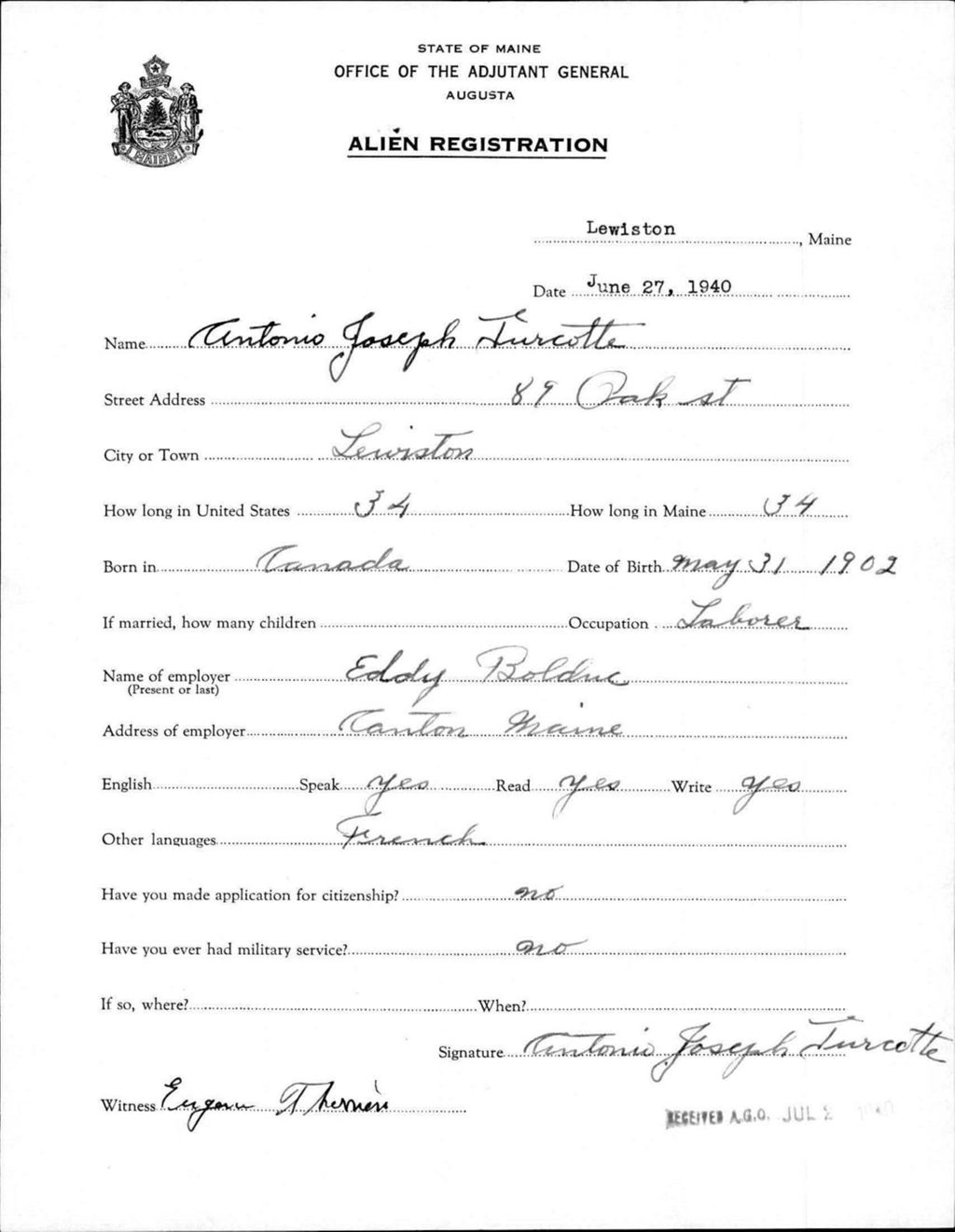 Miniature of Alien Registration- Turcotte, Antonio J. (Lewiston, Androscoggin County)
