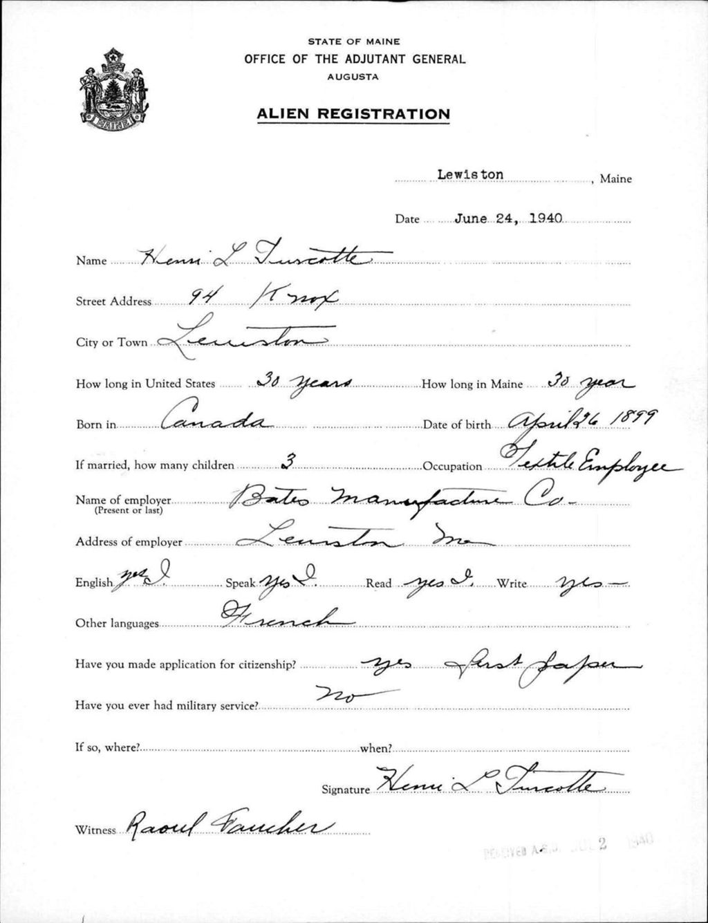 Miniature of Alien Registration- Turcotte, Henri L. (Lewiston, Androscoggin County)