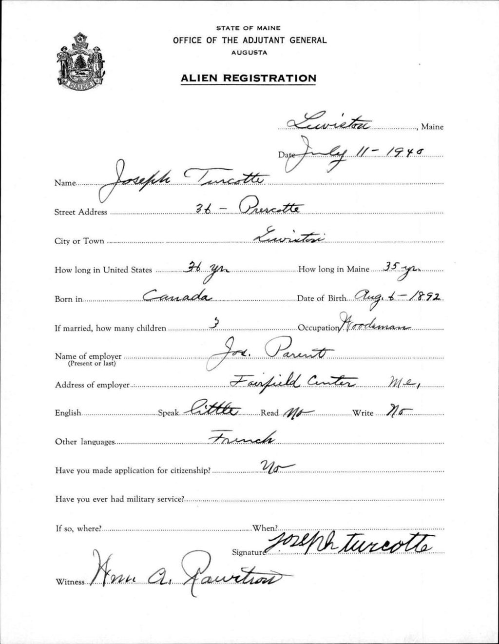Miniature of Alien Registration- Turcotte, Joseph (Lewiston, Androscoggin County)