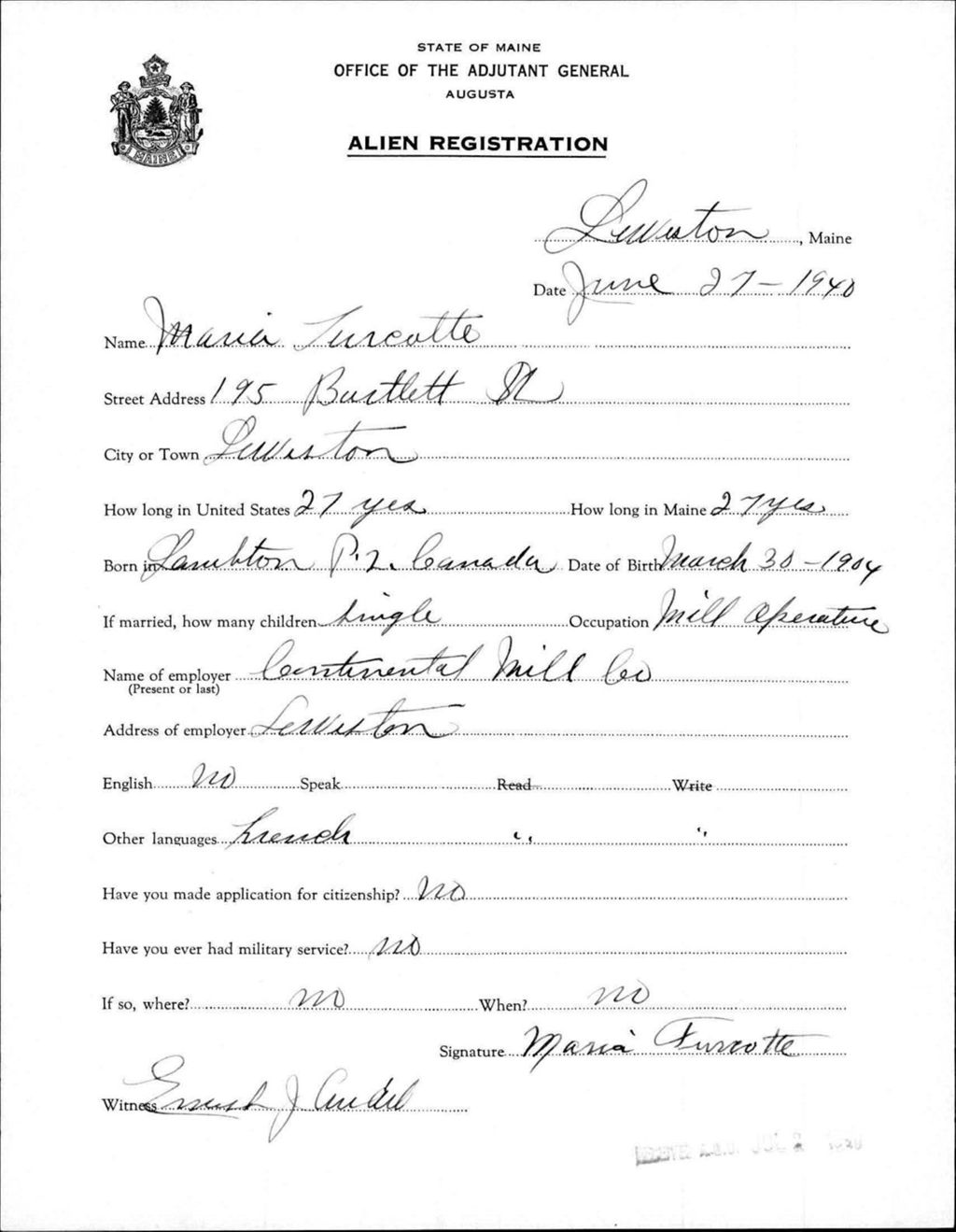 Miniature of Alien Registration- Turcotte, Maria (Lewiston, Androscoggin County)