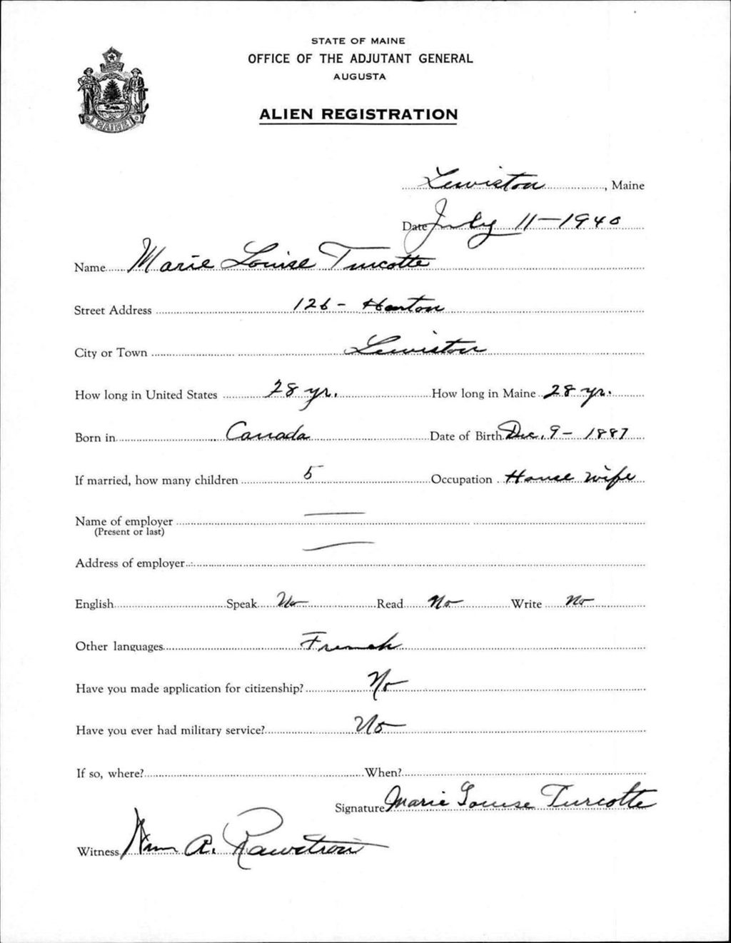 Miniature of Alien Registration- Turcotte, Marie L. (Lewiston, Androscoggin County)