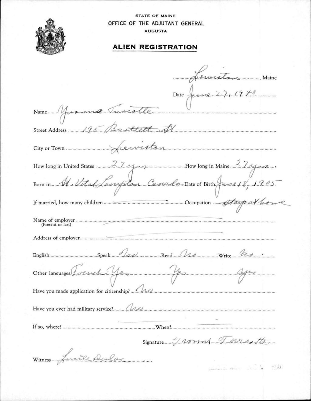 Miniature of Alien Registration- Turcotte, Yvonne (Lewiston, Androscoggin County)