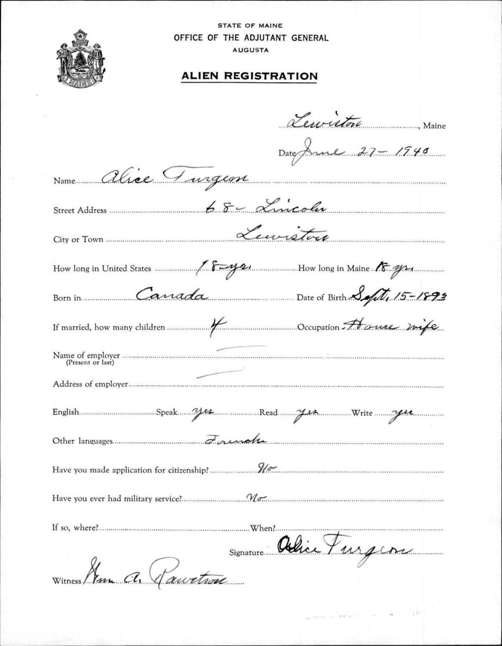 Miniature of Alien Registration- Turgeon, Alice (Lewiston, Androscoggin County)