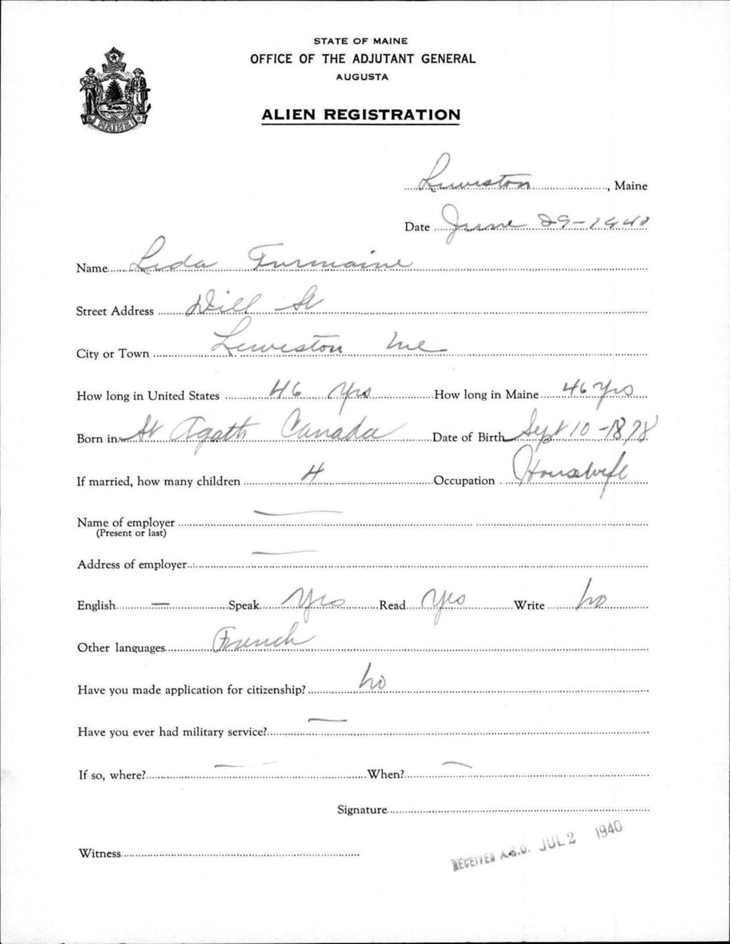 Miniature of Alien Registration- Turmaine, Lida (Lewiston, Androscoggin County)