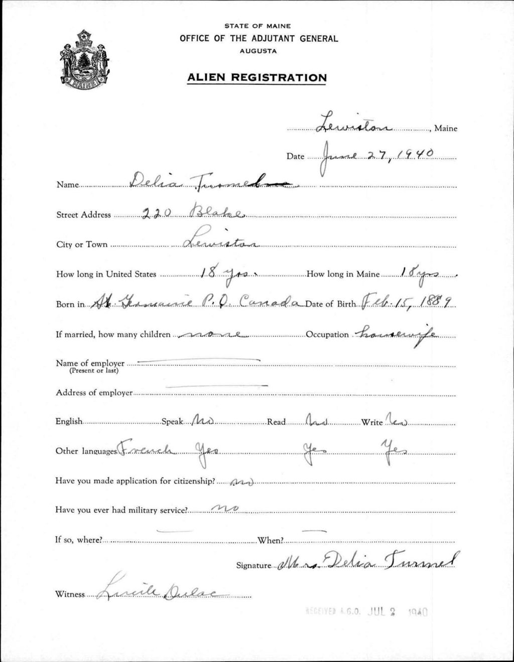 Miniature of Alien Registration- Turmele, Delia (Lewiston, Androscoggin County)