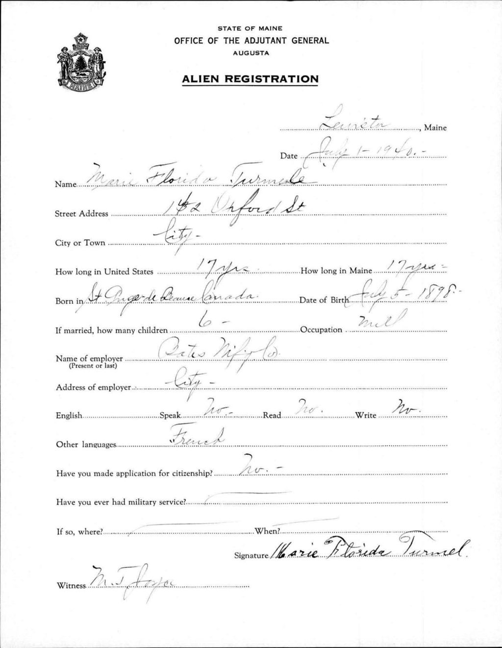 Miniature of Alien Registration- Turmele, Marie F. (Lewiston, Androscoggin County)