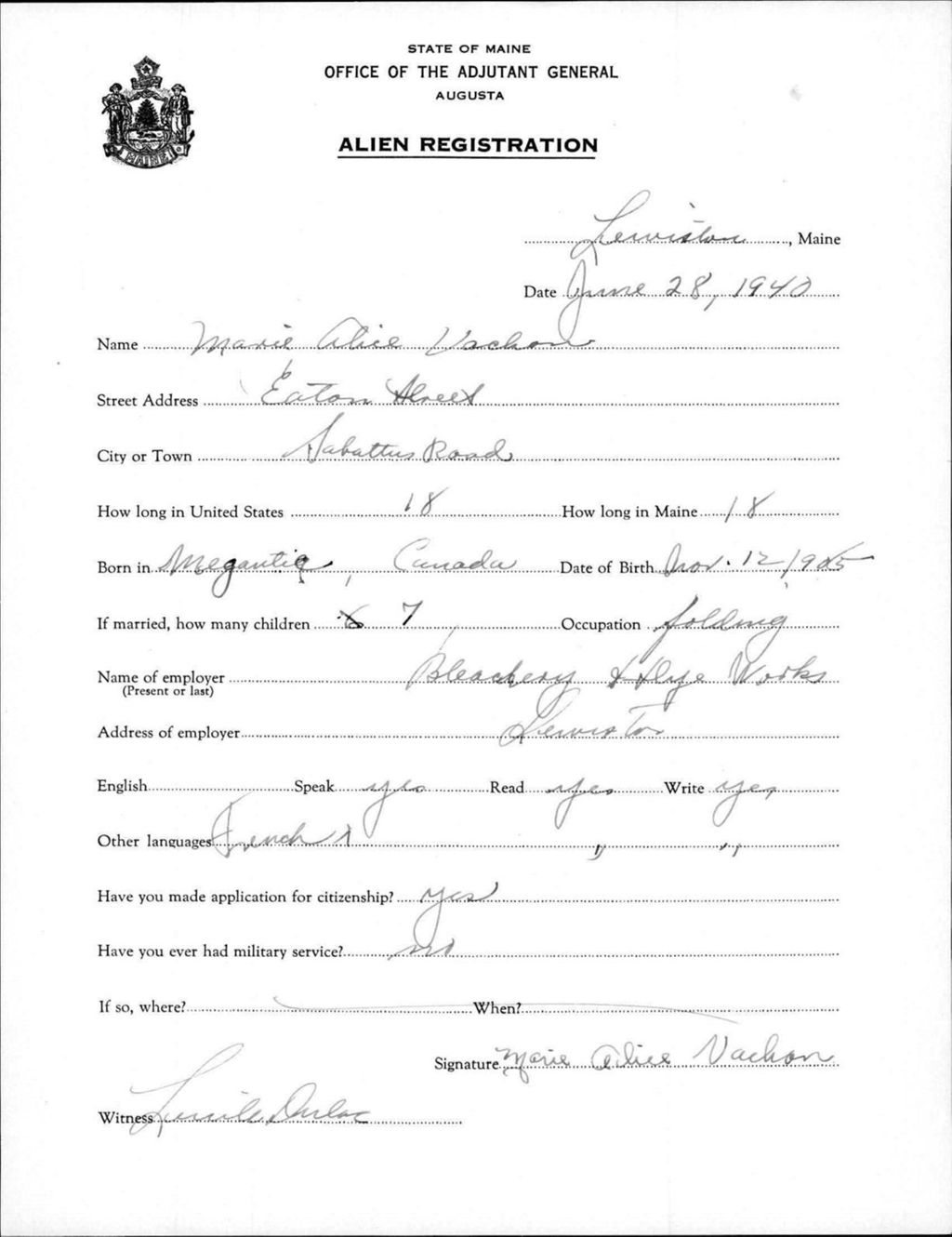 Miniature of Alien Registration- Vachon, Marie A. (Lewiston, Androscoggin County)