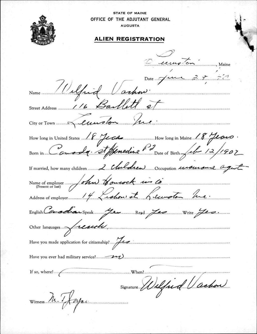 Miniature of Alien Registration- Vachon, Wilfrid (Lewiston, Androscoggin County)