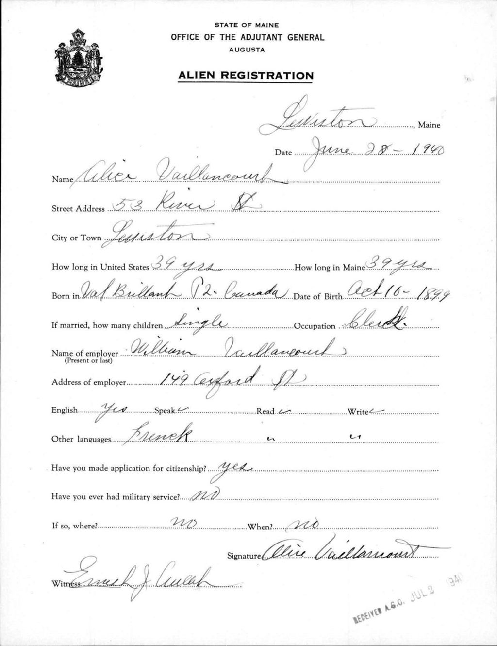 Miniature of Alien Registration- Vaillancourt, Alice (Lewiston, Androscoggin County)