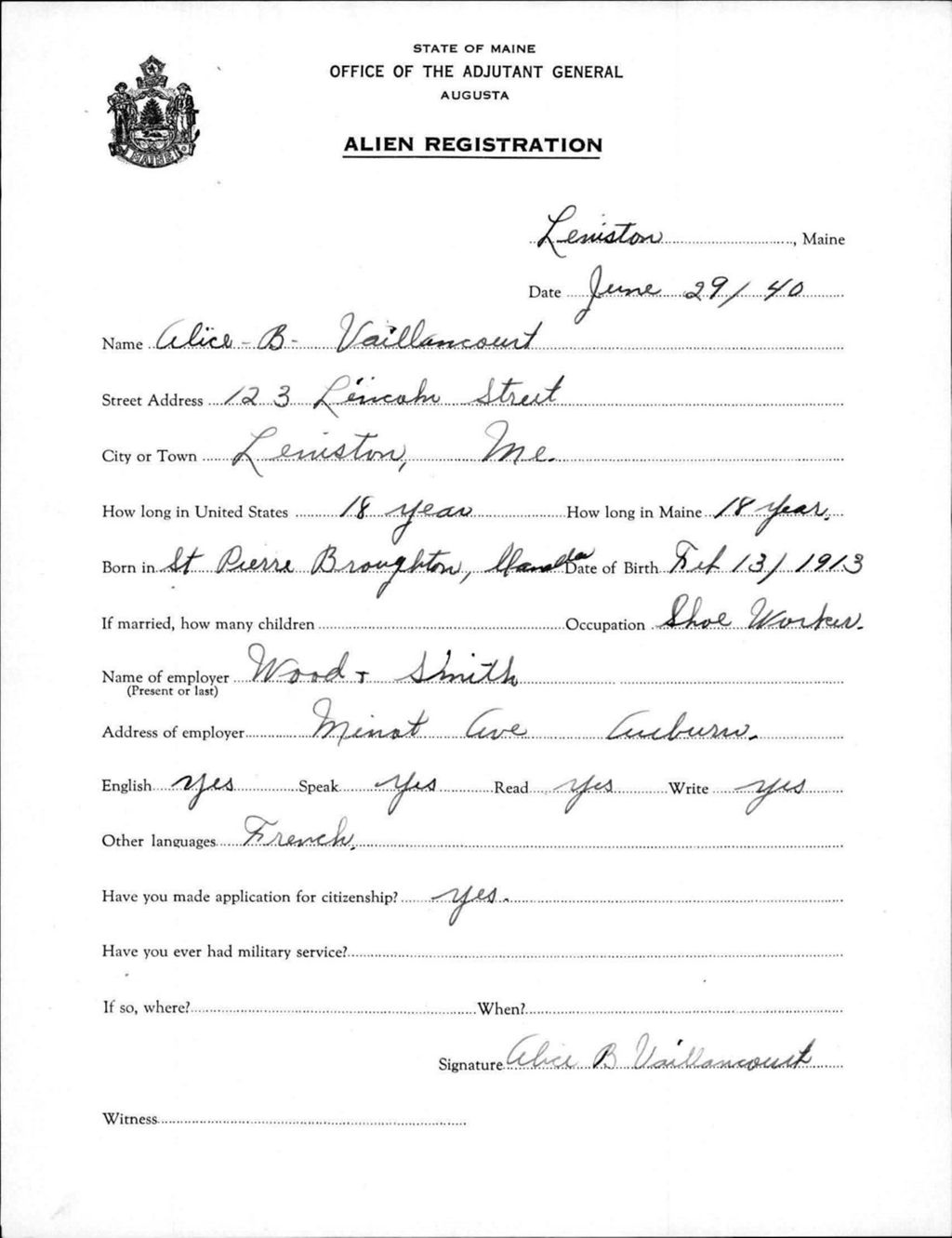 Miniature of Alien Registration- Vaillancourt, Alice B. (Lewiston, Androscoggin County)