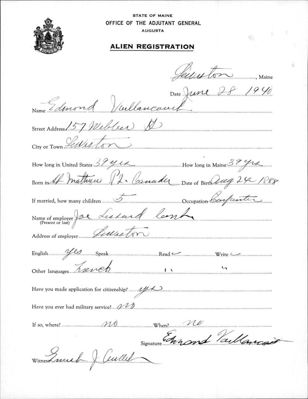 Miniature of Alien Registration- Vaillancourt, Edmond (Lewiston, Androscoggin County)