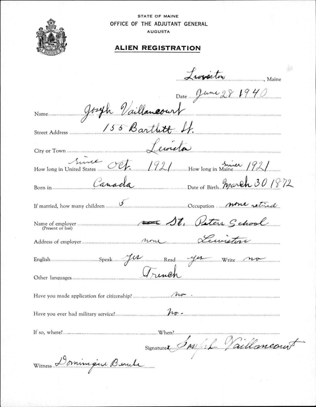 Miniature of Alien Registration- Vaillancourt, Joseph (Lewiston, Androscoggin County)