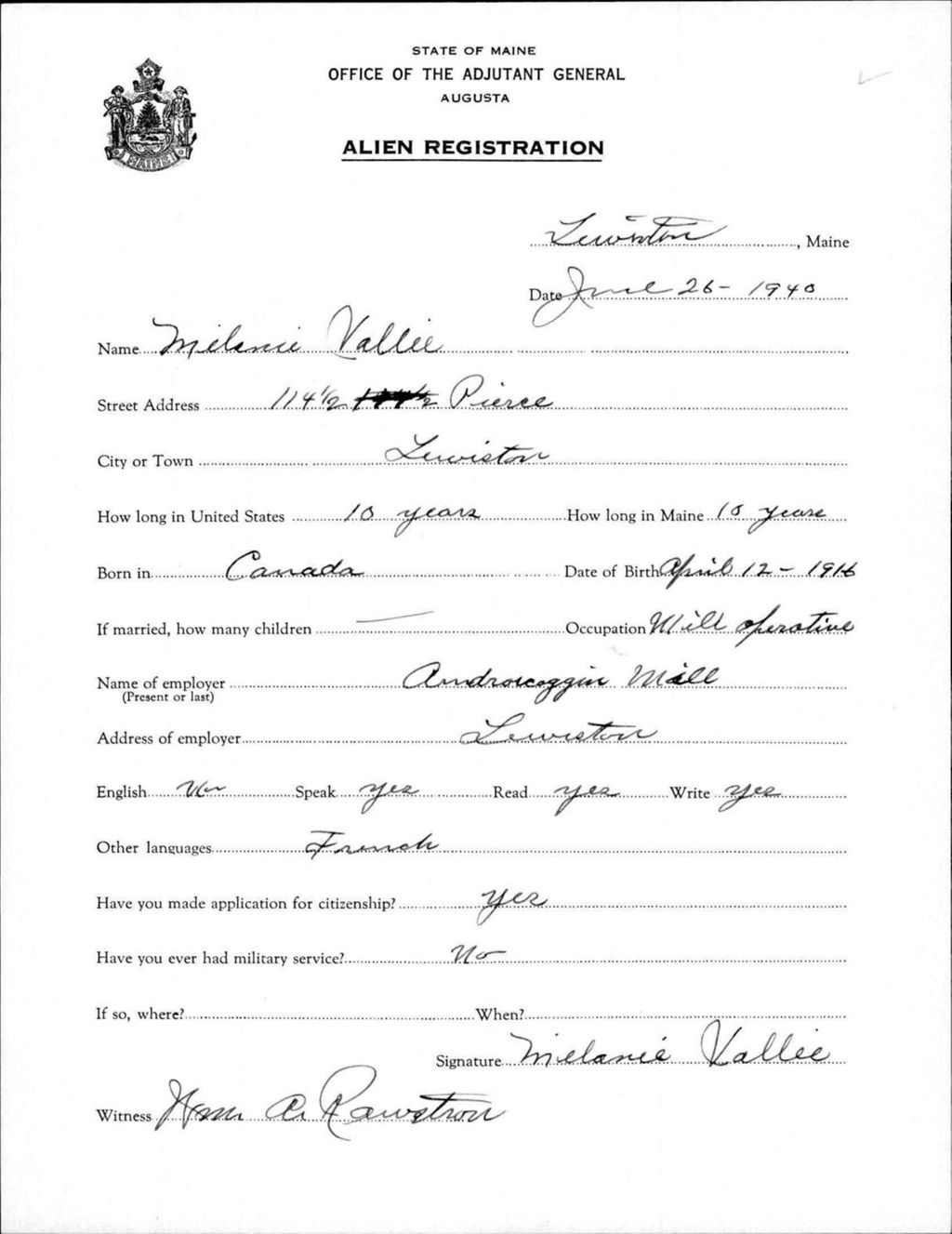 Miniature of Alien Registration- Vallee, Melanie (Lewiston, Androscoggin County)