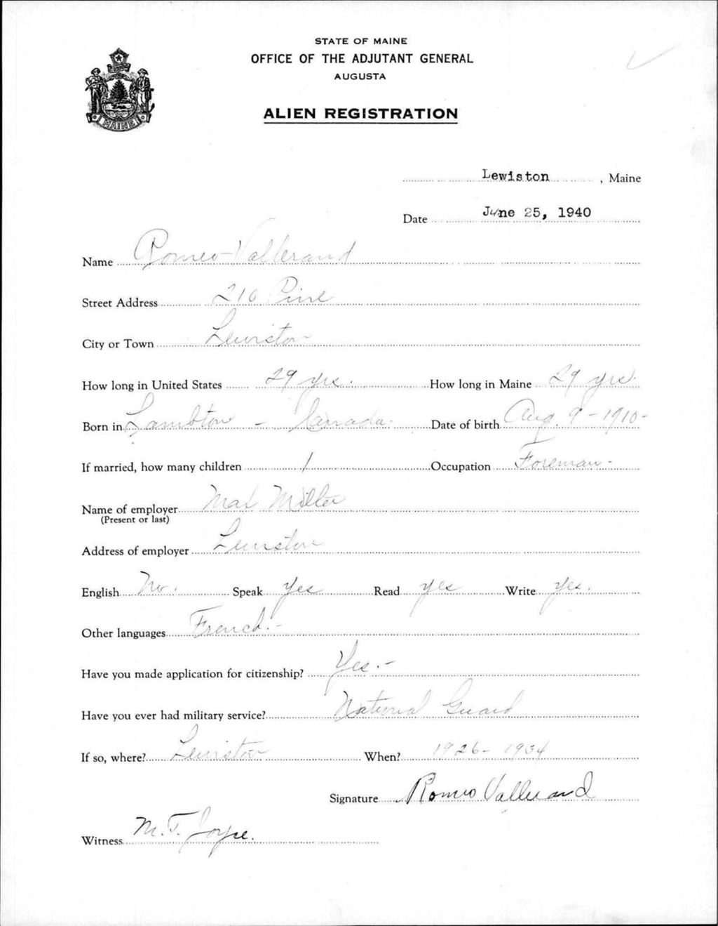 Miniature of Alien Registration- Valbrand, Romeo (Lewiston, Androscoggin County)