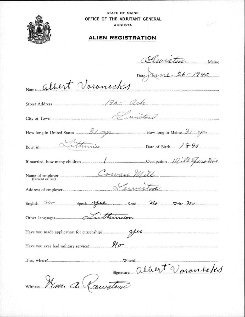 Miniature of Alien Registration- Varanecks, Albert (Lewiston, Androscoggin County)