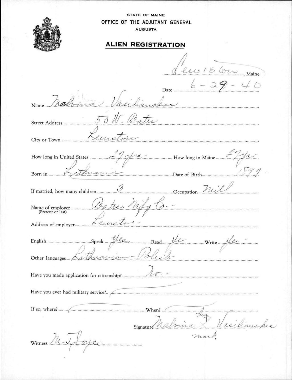 Miniature of Alien Registration- Vasiliauskas, Malvina (Lewiston, Androscoggin County)