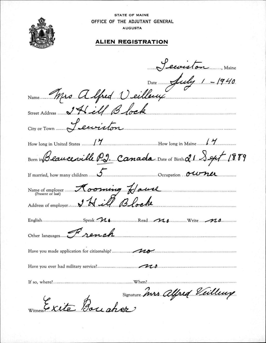 Miniature of Alien Registration- Veilleux, Alfred (Lewiston, Androscoggin County)