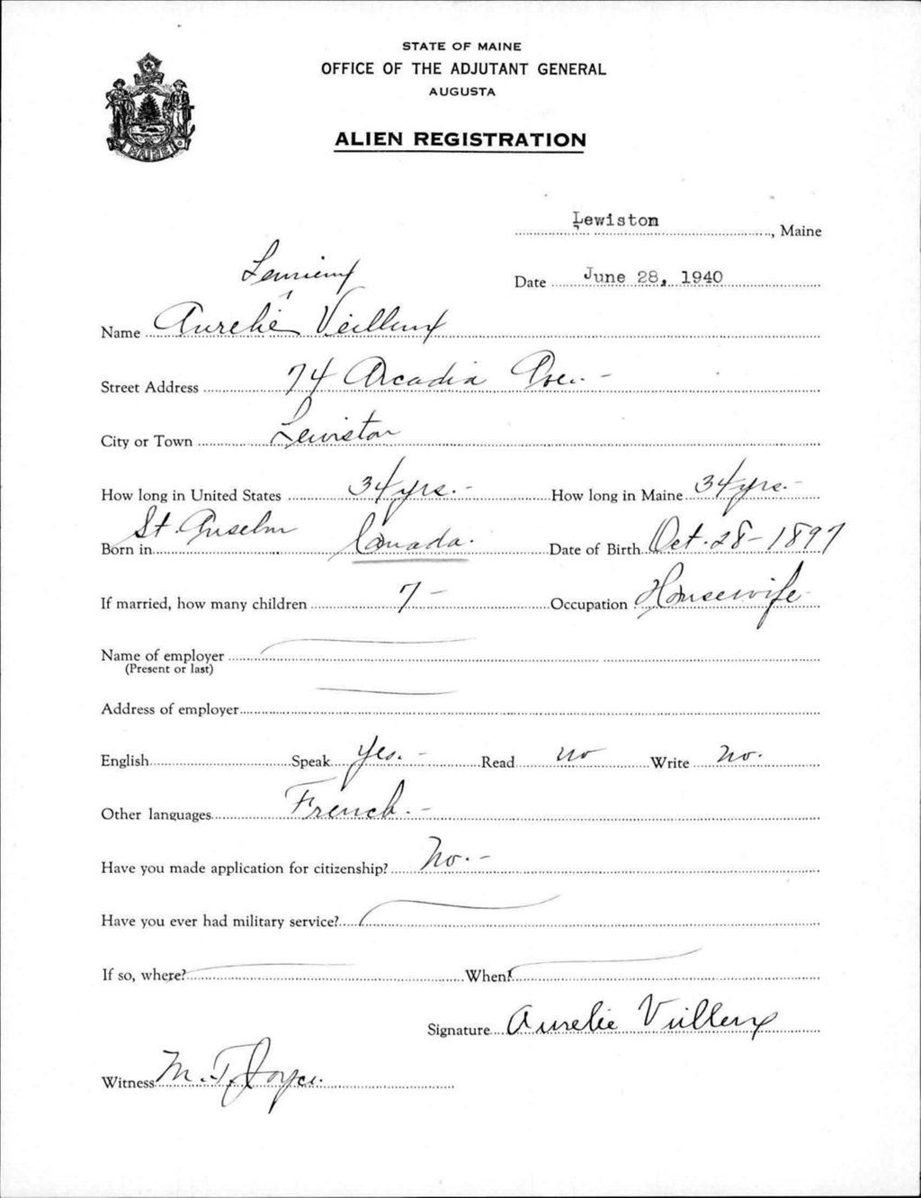 Miniature of Alien Registration- Lemieux, Aurele (Lewiston, Androscoggin County)
