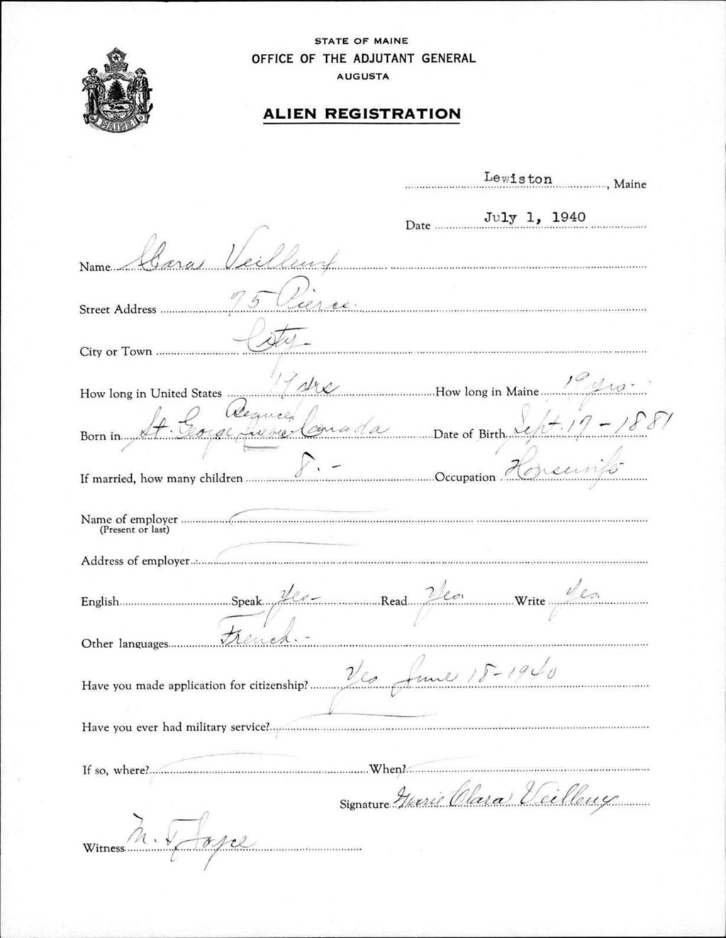 Miniature of Alien Registration- Veilleux, Clara (Lewiston, Androscoggin County)