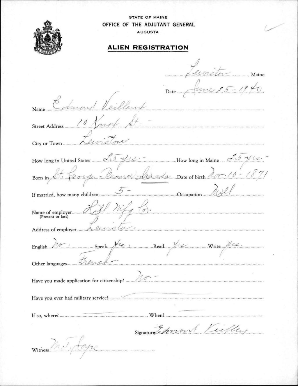 Miniature of Alien Registration- Veilleux, Edmond (Lewiston, Androscoggin County)