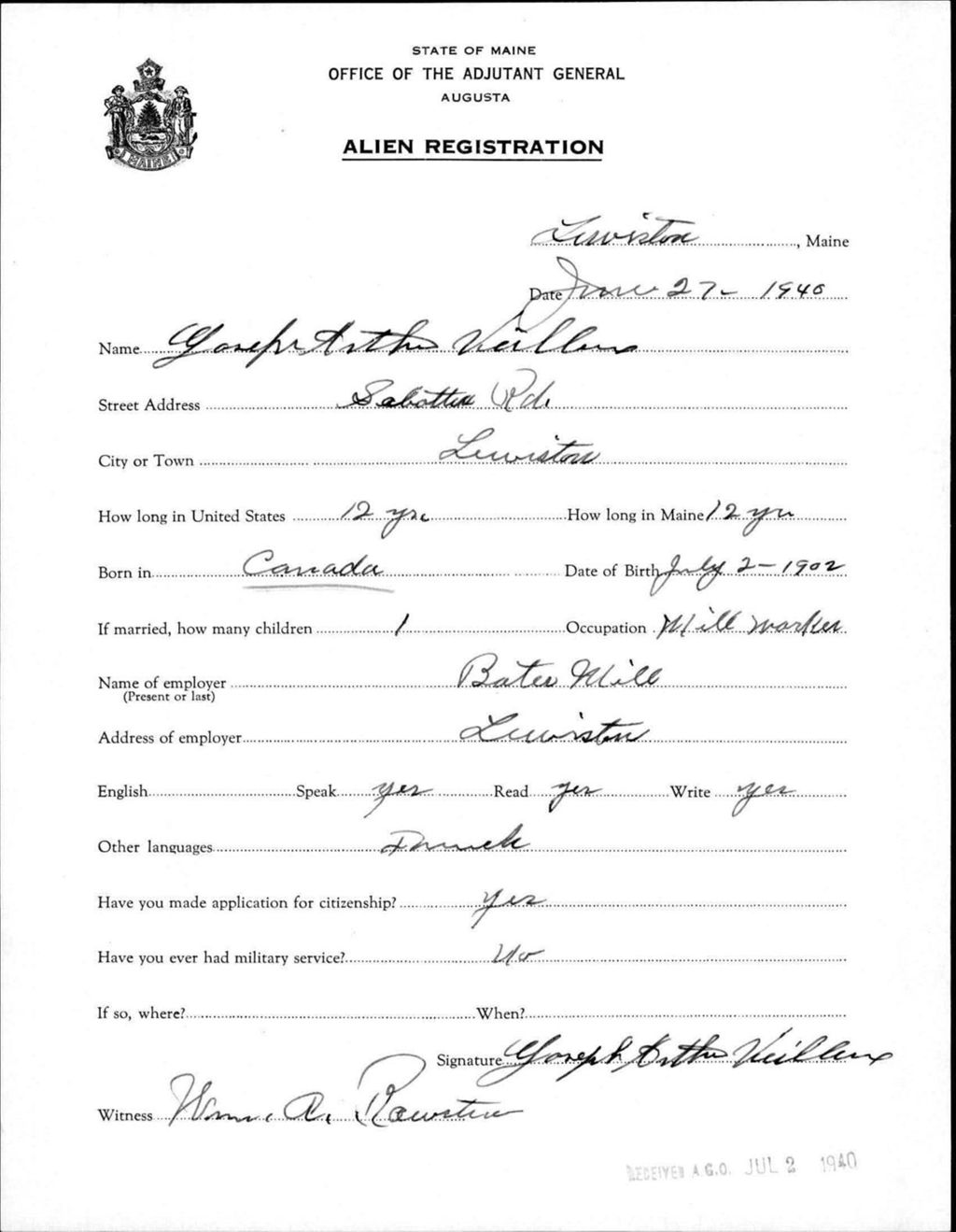 Miniature of Alien Registration- Veilleux, Joseph A. (Lewiston, Androscoggin County)