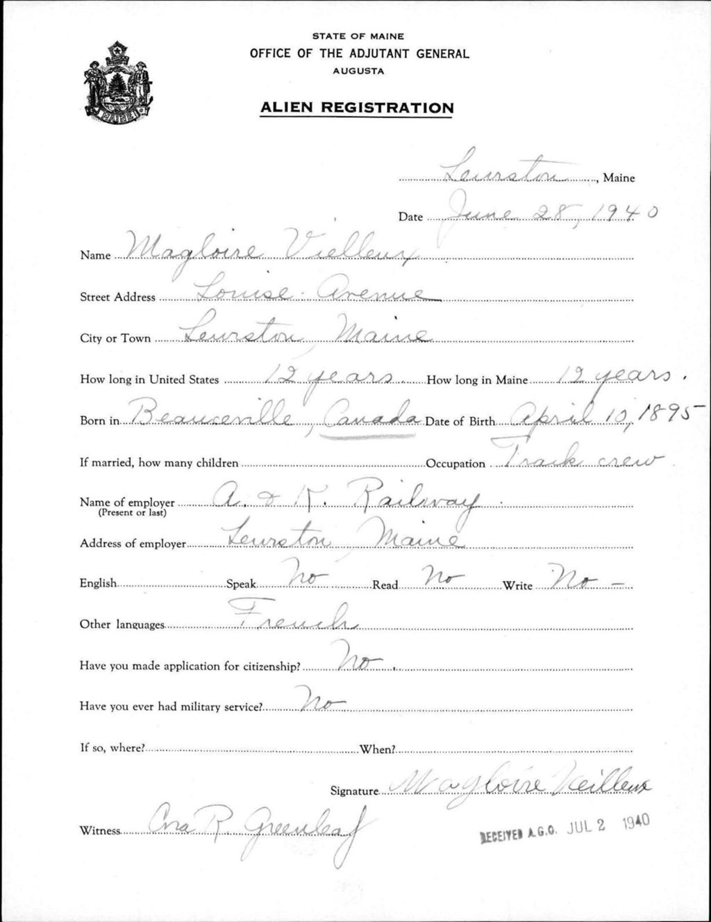 Miniature of Alien Registration- Veilleux, Magloire (Lewiston, Androscoggin County)