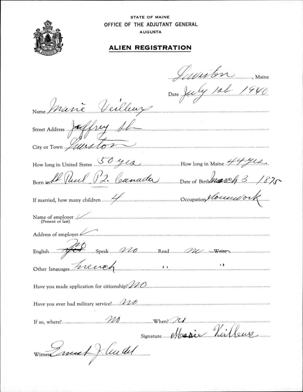 Miniature of Alien Registration- Veilleux, Marie (Lewiston, Androscoggin County)