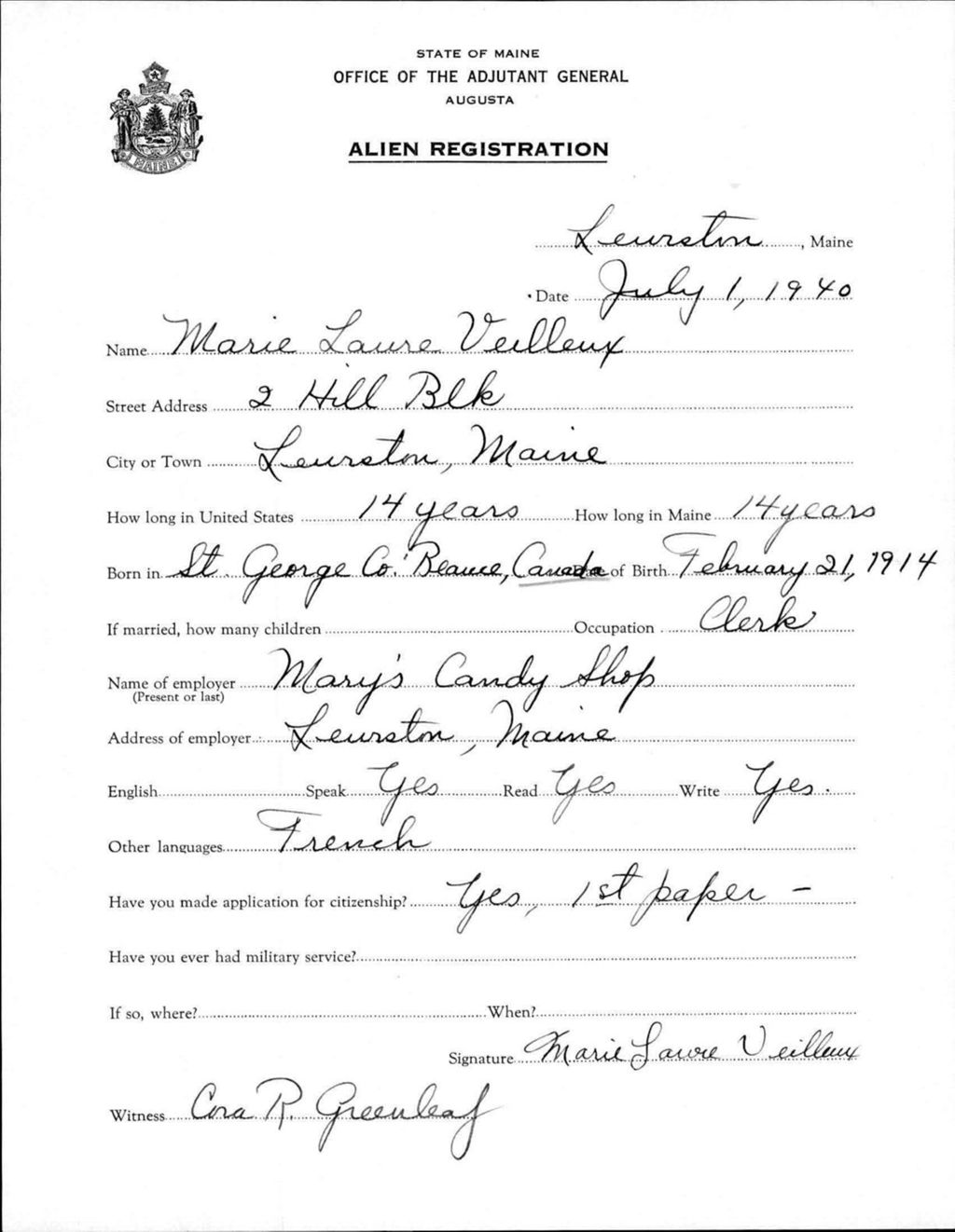 Miniature of Alien Registration- Veilleux, Marie L. (Lewiston, Androscoggin County)