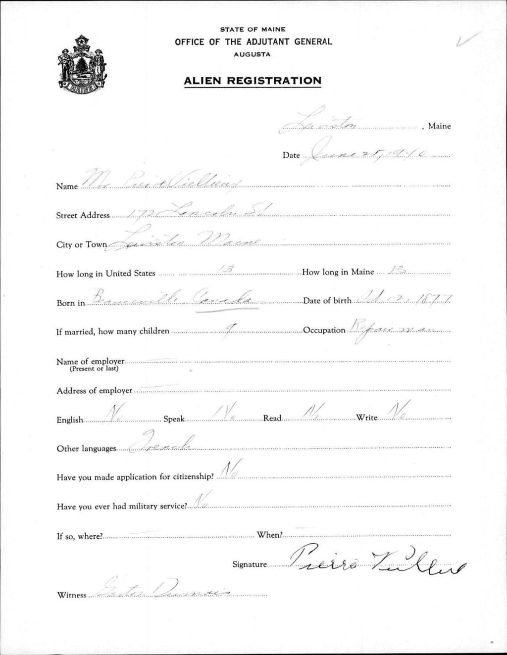 Miniature of Alien Registration- Veilleux, Pierre (Lewiston, Androscoggin County)
