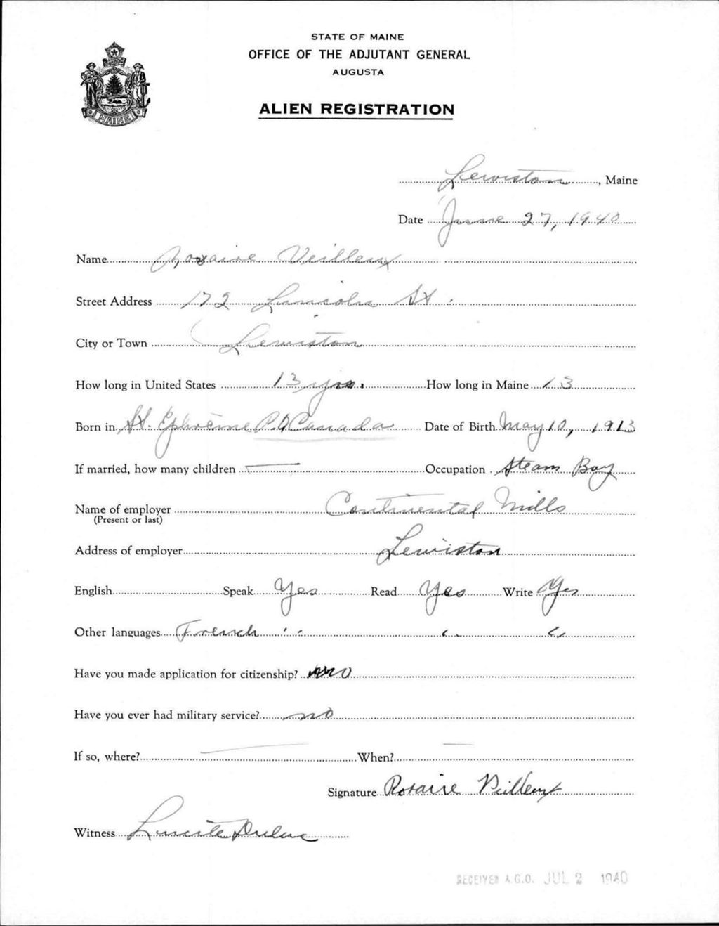 Miniature of Alien Registration- Veilleux, Rosaire (Lewiston, Androscoggin County)