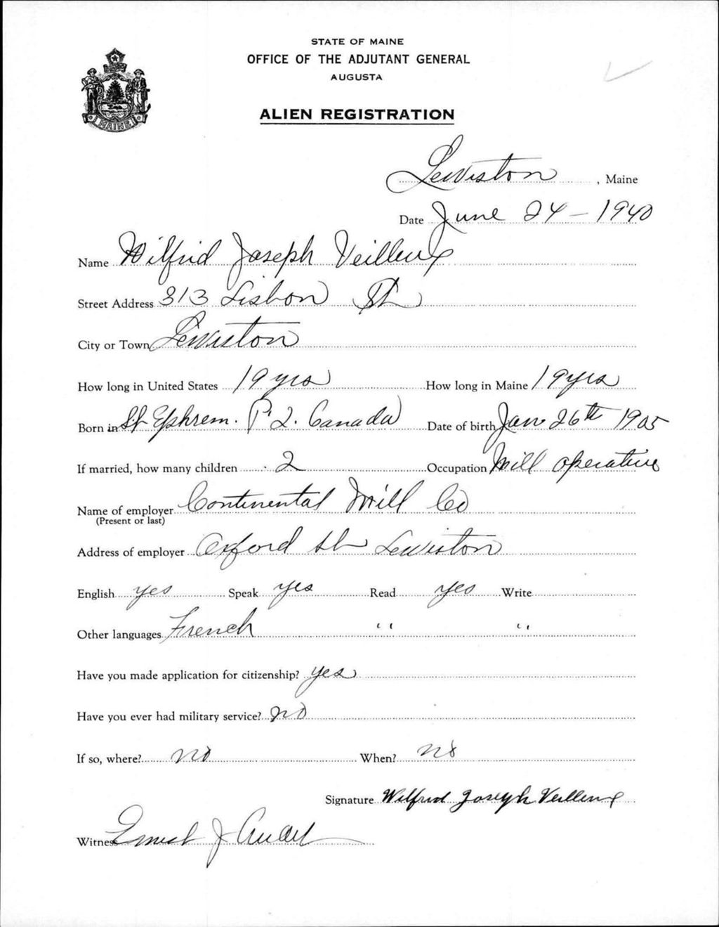Miniature of Alien Registration- Veilleux, Wilfrid J. (Lewiston, Androscoggin County)