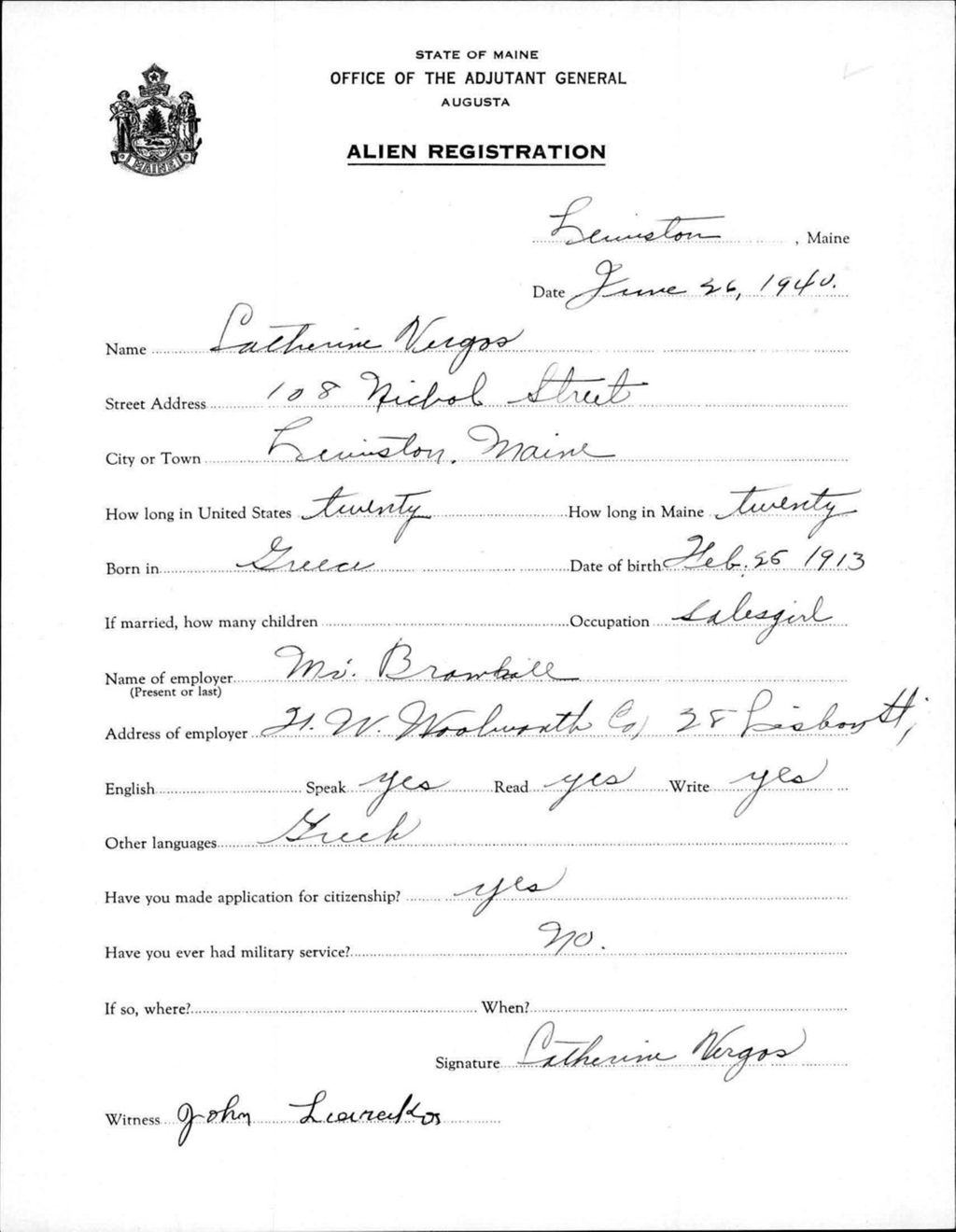 Miniature of Alien Registration- Vergos, Catherine (Lewiston, Androscoggin County)