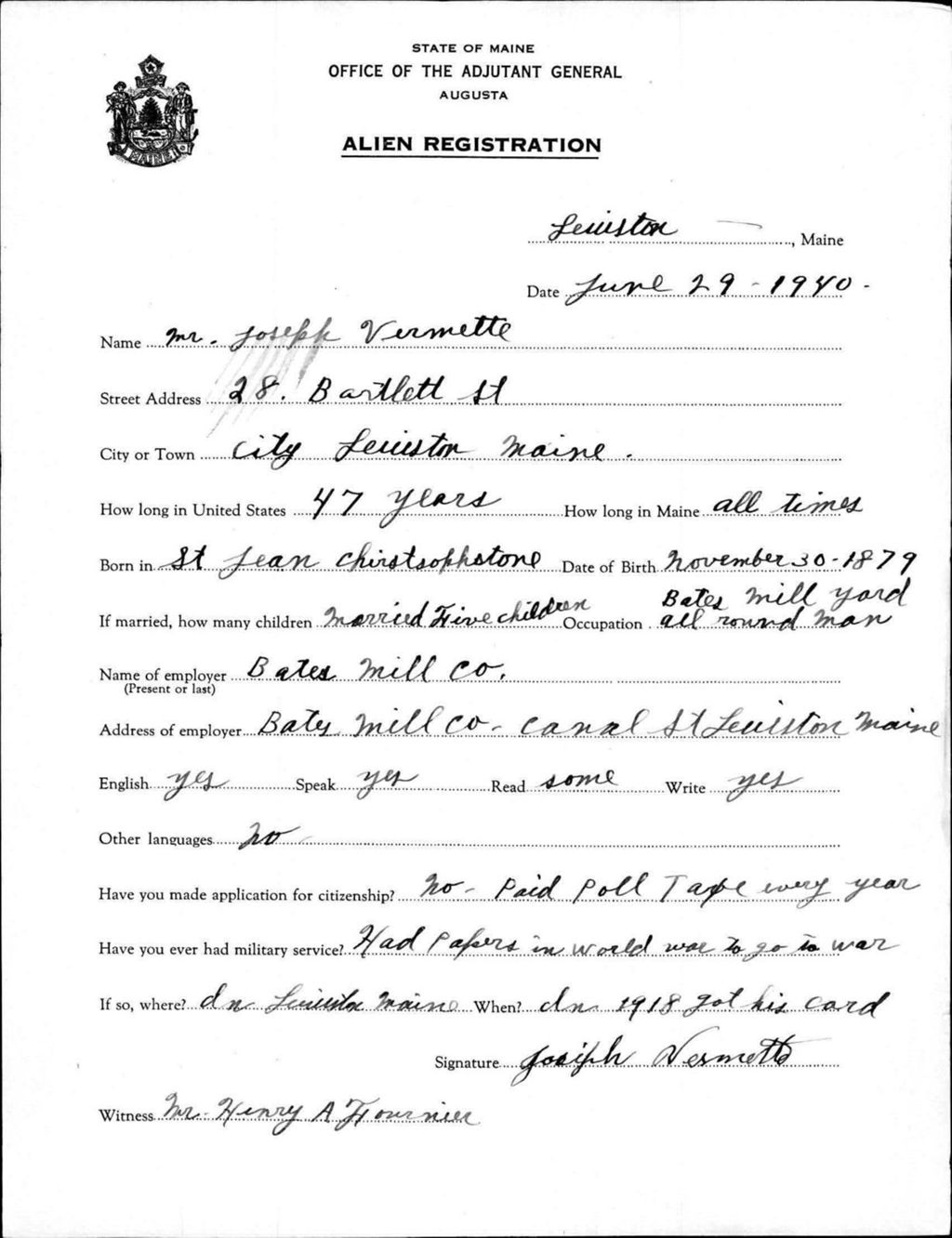 Miniature of Alien Registration- Vermette, Joseph (Lewiston, Androscoggin County)