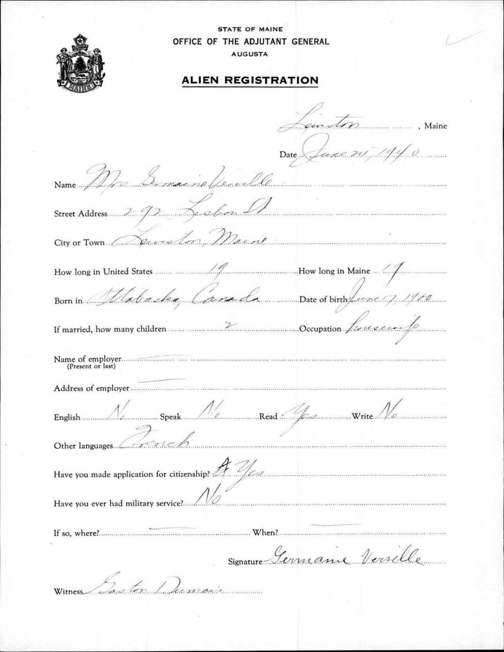 Miniature of Alien Registration- Verville, Germaine (Lewiston, Androscoggin County)