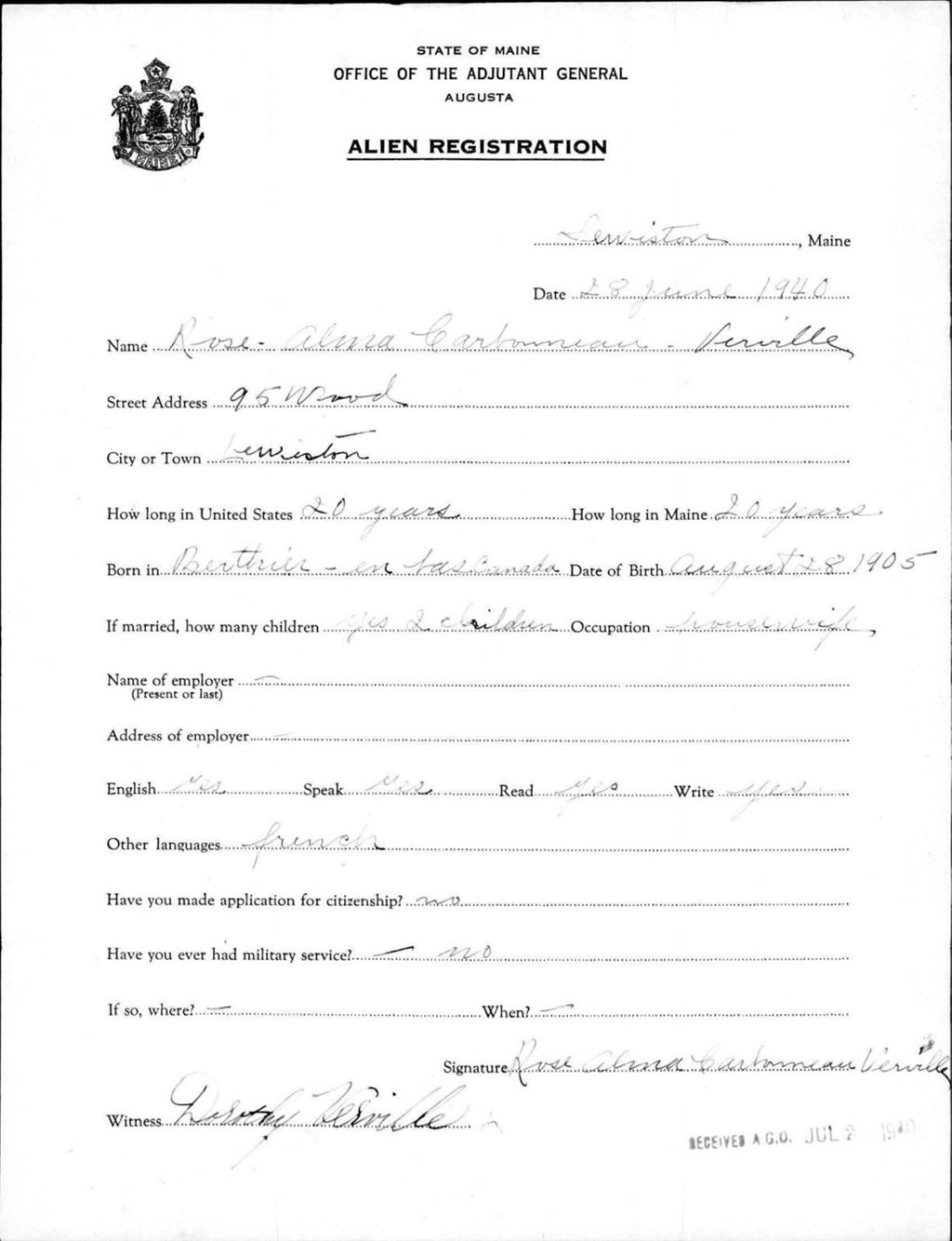 Miniature of Alien Registration- Carbonneau, Rose-Alma (Lewiston, Androscoggin County)