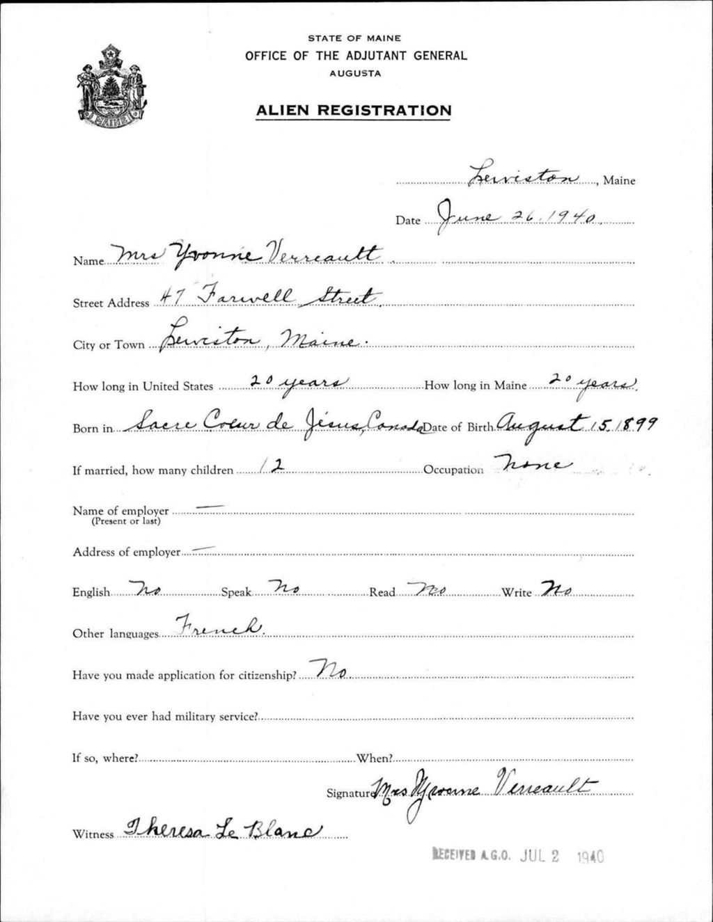 Miniature of Alien Registration- Verreault, Yvonne (Lewiston, Androscoggin County)