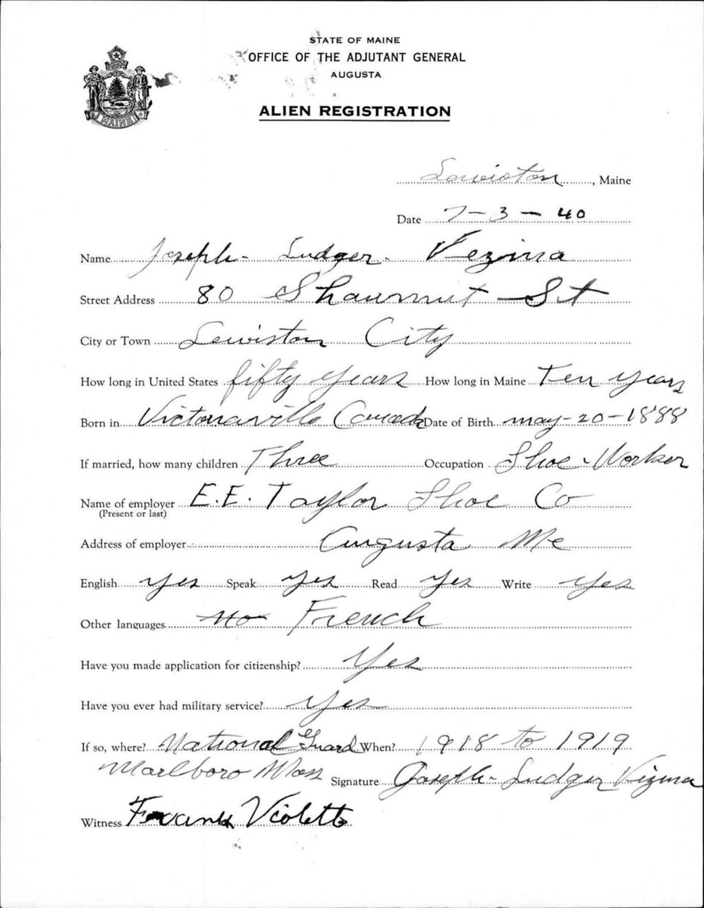 Miniature of Alien Registration- Vezina, Joseph L. (Lewiston, Androscoggin County)