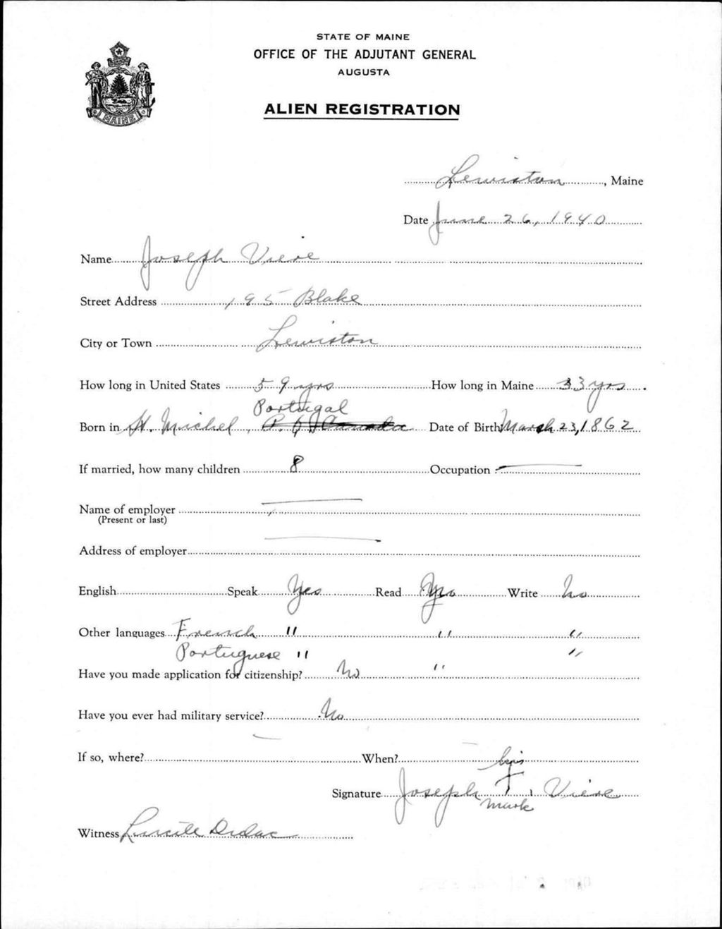 Miniature of Alien Registration- Viere, Joseph (Lewiston, Androscoggin County)