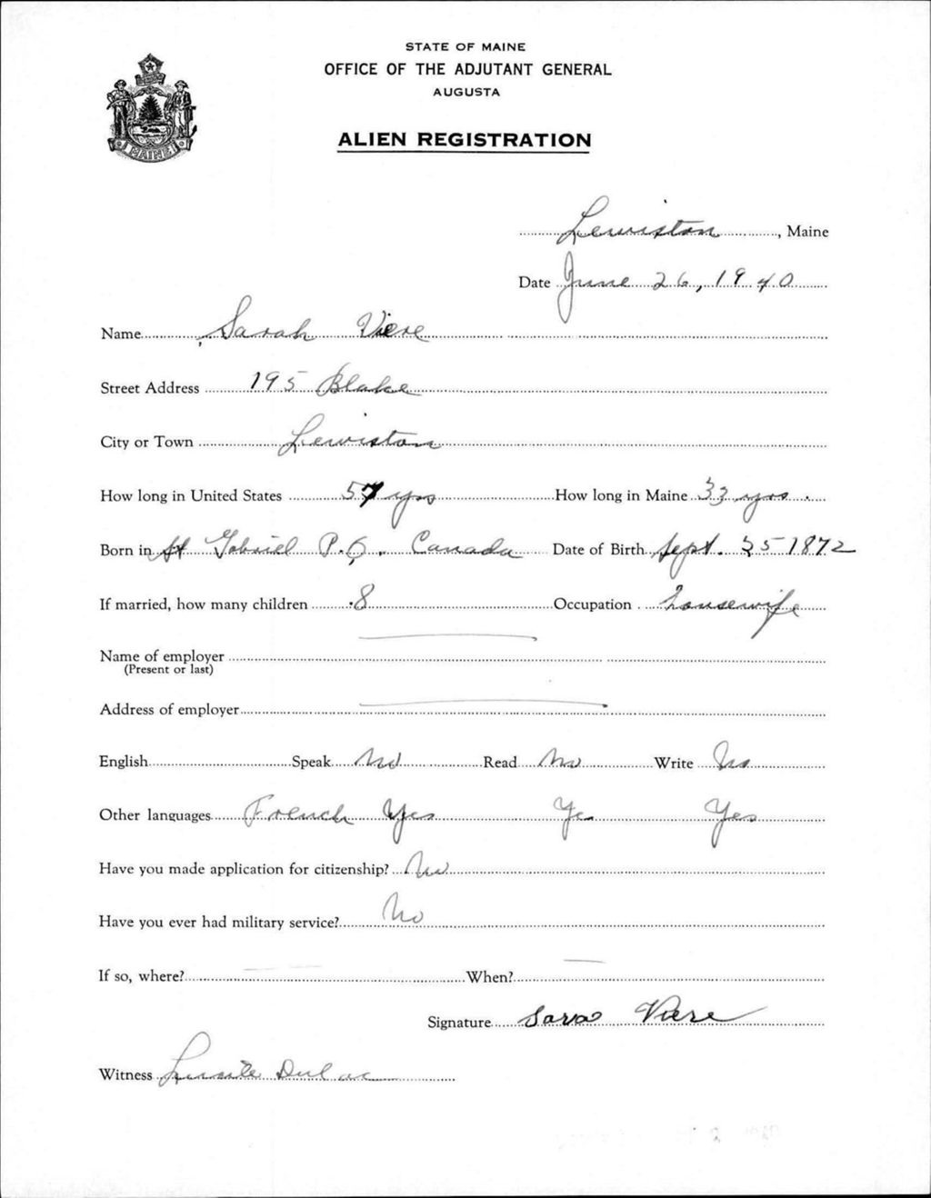 Miniature of Alien Registration- Viere, Sarah (Lewiston, Androscoggin County)