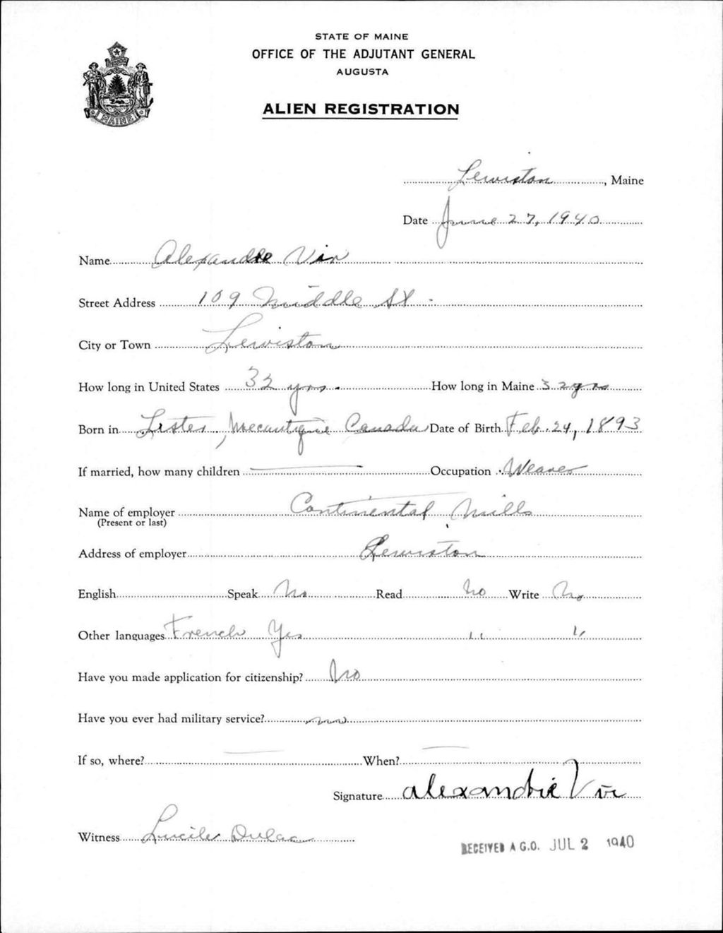 Miniature of Alien Registration- Vir, Alexandre (Lewiston, Androscoggin County)