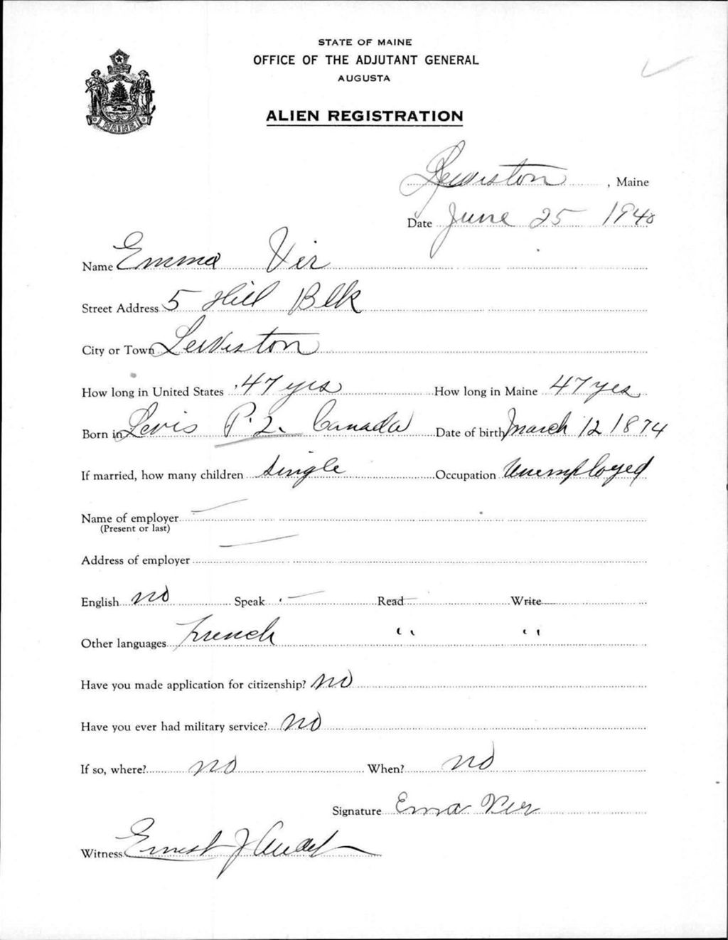 Miniature of Alien Registration- Vir, Emma (Lewiston, Androscoggin County)