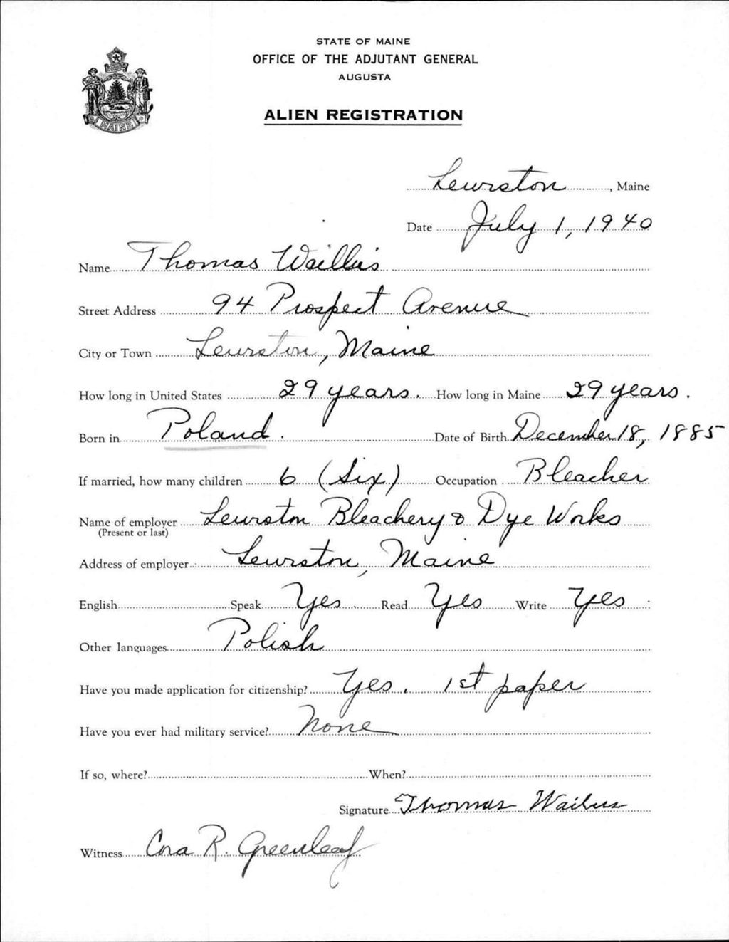 Miniature of Alien Registration- Waillus, Thomas (Lewiston, Androscoggin County)