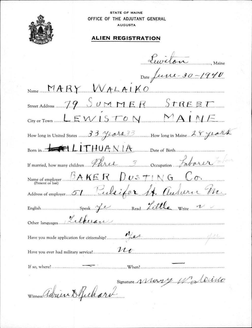 Miniature of Alien Registration- Walaiko, Mary (Lewiston, Androscoggin County)