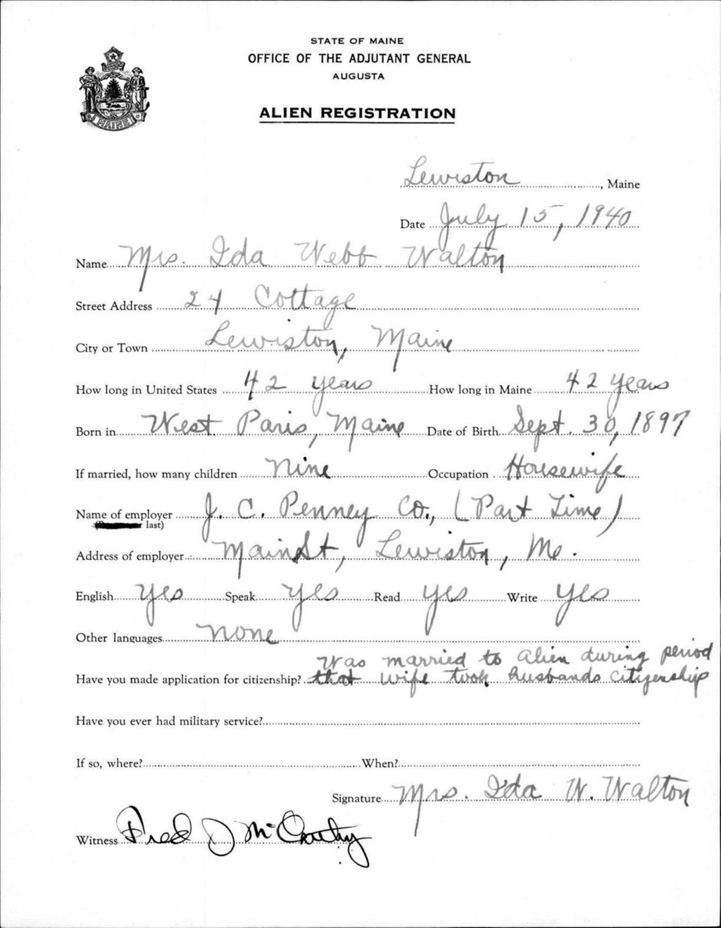 Miniature of Alien Registration- Webb, Ida (Lewiston, Androscoggin County)