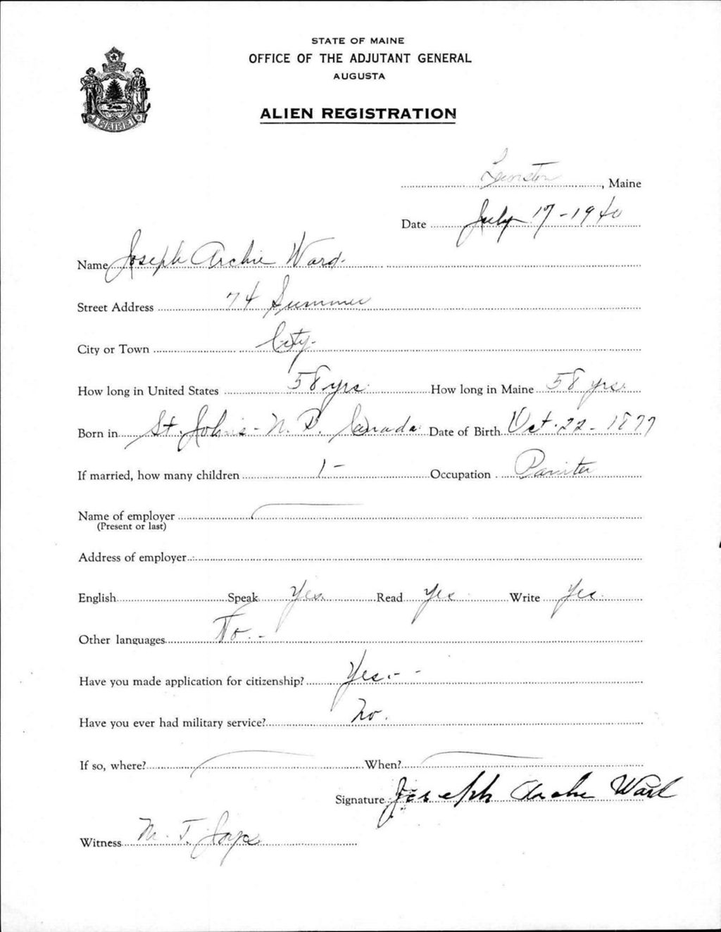 Miniature of Alien Registration- Ward, Joseph A. (Lewiston, Androscoggin County)