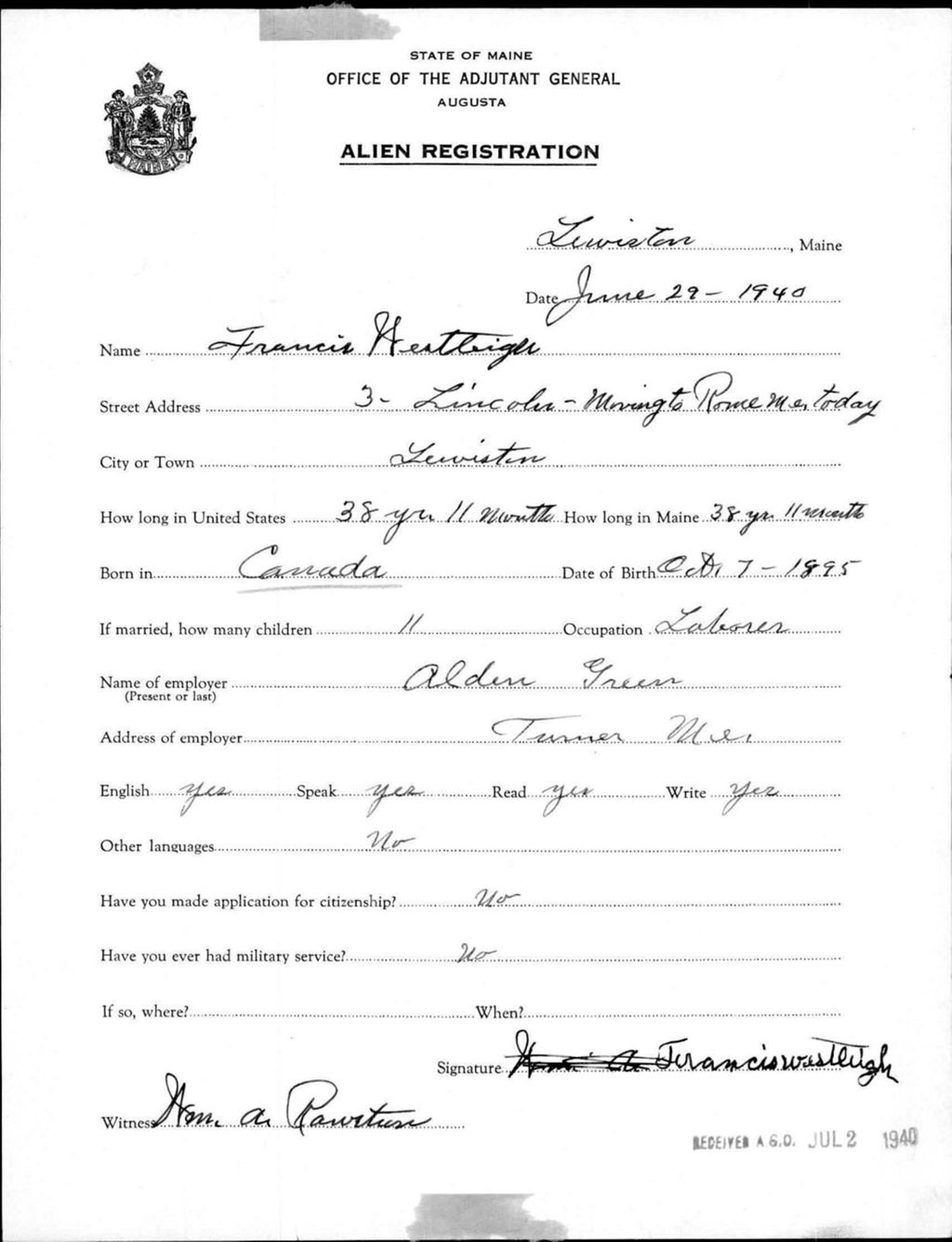 Miniature of Alien Registration- Westleigh, Francis (Lewiston, Androscoggin County)
