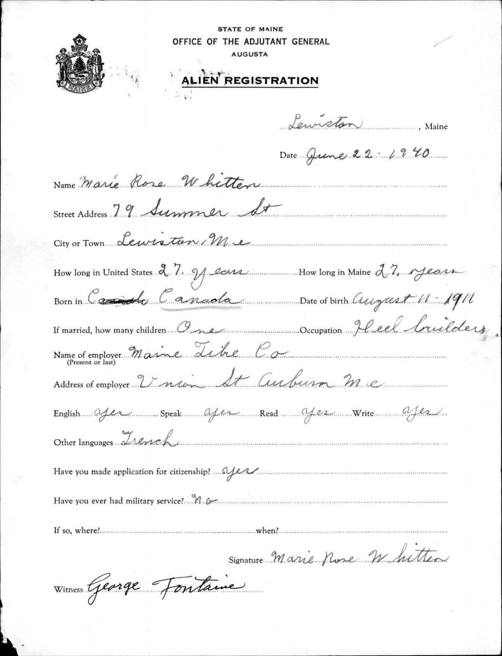 Miniature of Alien Registration- Whitten, Marie Rose (Lewiston, Androscoggin County)
